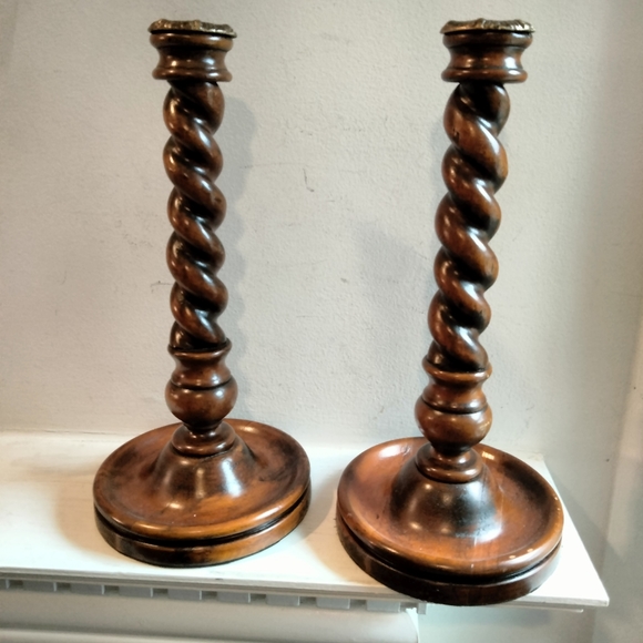 2 vintage wooden twist candlestick holders 13"